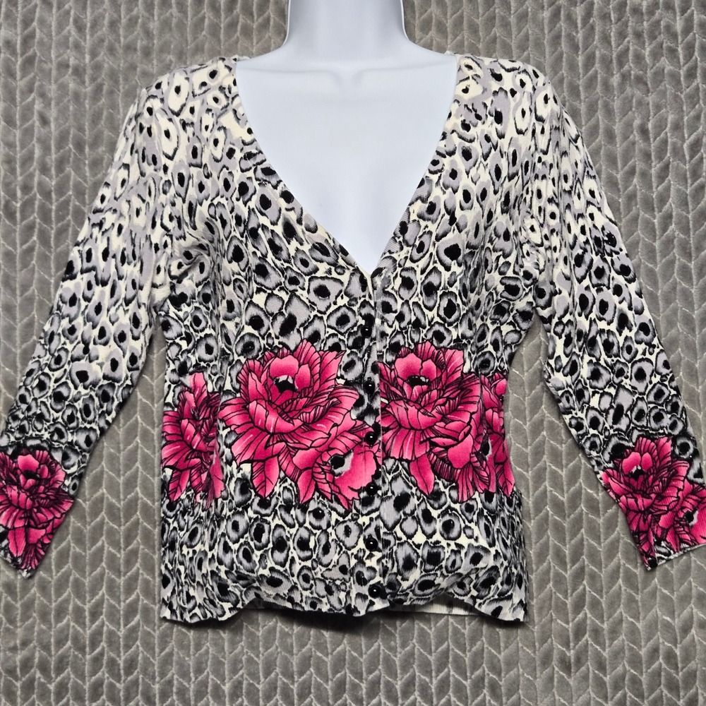 Cache Womens Grey Leopard Pink Rose Floral Button Front Cardigan Sweater Medium